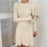 Autumn Winter Slim Knit Sweater A-line Dress Elegant Fashion O-Neck Long-Sleeved Knitted Bottoming Mini Dress Female