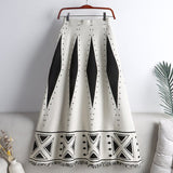 Elegant A Line Women Fringed Hem Contrast Geometric Knitted Skirts Elastic High Waist Midi Long Skirt