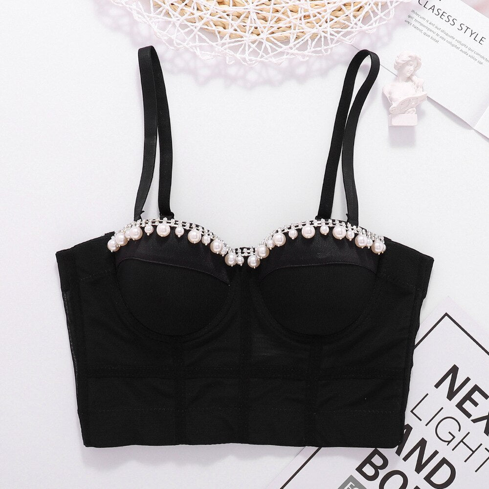 Sexy Mesh Slim Beaded Rhinestone Women Camis Corset Crop Top To Wear Out Push Up Bustier Bra