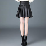 Black Leather Pleated Short Women Mini Skirt Summer High Waist Solid Color Black Skirts