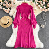 Autumn Winter Mock Neck Ribbed Sweater Dress Women Long Lantern Sleeve Front Button Elegant Knitted Bodycon Midi Dress