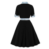 2021 Contrast Bow Neck Black Vintage Robe A Line Winter Dress 50s Women Elegant Clothing Half Sleeve Swing Dresses with Belt