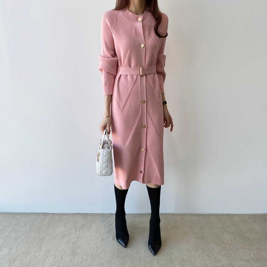 Crew Neck Long Sleeve Button Up Cardigan Sweater Dress With Belt Office Elegant Knitted Midi Dress