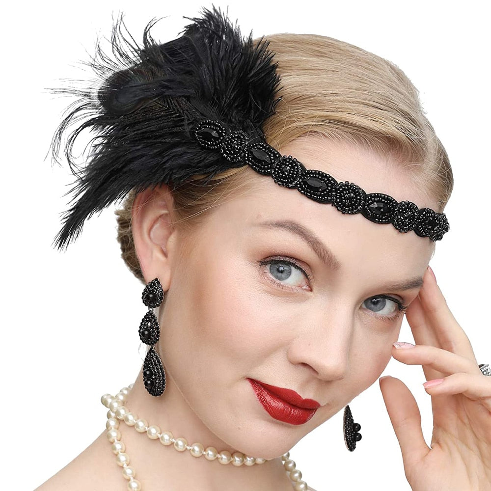 Roaring 20s Black Feather Headband 1920s Flapper Headpiece Women Costume Headwear Great Gatsby Party Hair Accessories