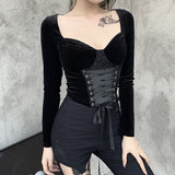 2021 Vintage Lace Black T Shirt Goth Aesthetic Long Sleeve Velvet T-shirt Women Harajuku Sexy Slim Bandage Long Sleeve Tops