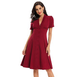 Retro Single Breasted Ruched V Neck Elegant Party Midi Women Rockabilly Vintage Swing Dress