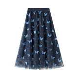 Black 3D Butterfly Lace Skirt Women High Waist Mesh Long Skrit Female Elegant Midi Tulle Skirt Sweet Cute Student School Bottoms