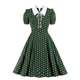 Blue Green Vintage Retro Chiffon Party Women Dress Polka Dots Print Turn Down Collar With Bow Rockabilly A Line Party Sundress