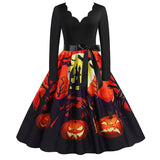 Tunic Midi Women Halloween Dress Autumn Winter Vintage Printed V-Neck Long Sleeve Swing Party Festival Sundress S~3XL Plus Size