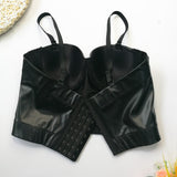 PU Leather Women Sleeveless Short Sexy Black Camis Tops With Built In Bra Push Up Bralette
