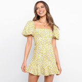 Women Summer Dress Casual High Waist Square Collar Puff Sleeve Ruffles Boho Floral Print Mini Beach Short Sundress