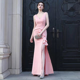 Candy Color Women Wedding Party Dress Soft Satin V Neck Slit Bridesmaid Dress