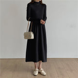 Autumn Winter Mock Neck Long Sleeve Basic Casual Sweater Dress Warm Chic Knitted Elegant Midi Dress