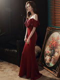 Spaghetti Strap Burgundy Evening Dresses Mermaid Elegant Prom Gowns Ruffles Taffeta Formal Sleeveless Dress