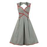 V-Neck Wrap High Waist Elegant Backless Party Contrast Binding Vintage Bow Tie Back Sleeveless Plaid Dress