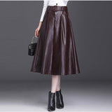 Faux Leather High Waist Women Streetwear Loose Large Swing Skirt Long Women Midi A-Line Skirt