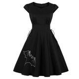 Lace Up Side Bat Embroidery Halloween Party Black Sweetheart Cap Sleeve Vintage Retro Tunic Dress