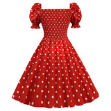 2021 Polka Dot Party Dress Elegant Women Summer Puff Short Sleeve Square Collar Elastic Waist Vintage Midi Sundress Casual Beach