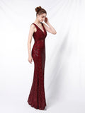 Tulle Sequins Evening Dress Sexy V-neck Backless Sleeveless Floor-length Gold Mermaid Formal Party Dress