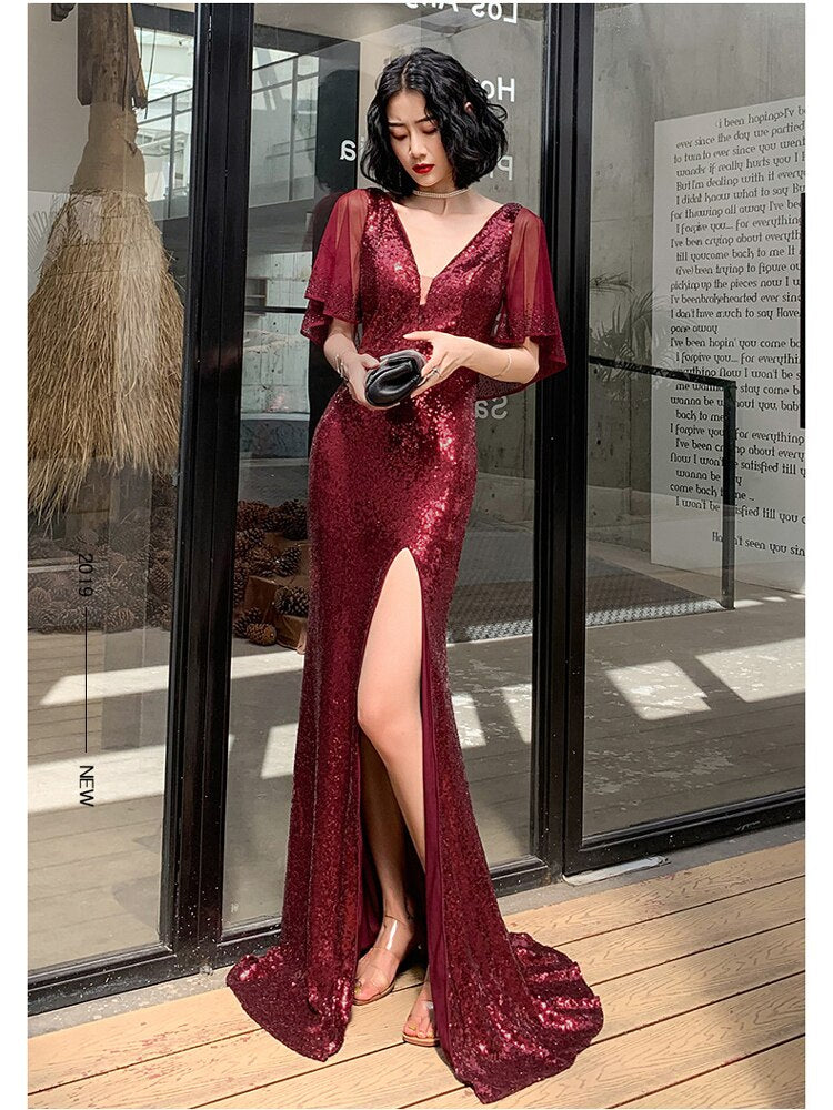 Red Sexy Long Evening Dress Shining Sequins Chiffon Party Gown V-neck Robe De Soriee Side Fork Prom Dress