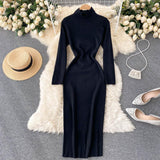 Woman Casual Solid Turtleneck Sweater Dress Bodycon Long Sleeve Midi Elegant Autumn Winter Dress