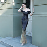 Gold Gradient Color Mermaid Evening Dress Elegant Off Shoulder Formal Party Gown Shinning Sequin Occasion Dress