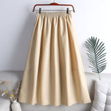 High Waist A Line Autumn Winter Faux Leather Elastic Waist Solid Vintage PU Leather Midi Skirt