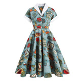 Women Multicolor Print 50s Style Rockabilly Vintage Swing Button Up Pinup Robe A-Line Midi Cotton Dress