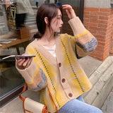 Autumn Women Coat Single-breasted V-Neck Knit Vintage Casual Loose Cardigans Patchwork Sweaters