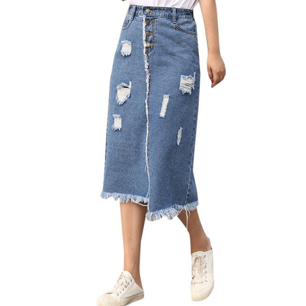 Women Denim Irregular Ripped Hole Midi Long Jeans Maxi Skirt