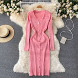Front Button Ribbed Sweater Dress Polo Collar Sexy Knitted Bodycon Midi Dress Women Clothing