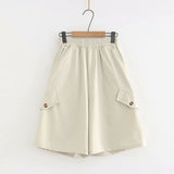 2021 Button Front School Women Wide Leg Shorts Skirts Korean Style Casual Loose Solid Elastic Waist Streetwear Flare Short Pants