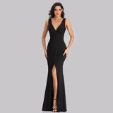 New Black Mermaid Evening Dress Gown Elegant Sexy V-neck Pleated Waist High Slit Taffta Banquet Dinner Prom Party Dress