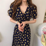 Chic Summer Women Lace Up Floral Dress V-Neck Slim Elegant Midi Runway Puff Sleeve Vestido