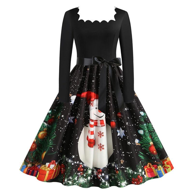 2021 Christmas Costume Party Dress Long Sleeve Square Collar Printed Elegant Vintage Women Winter Sundress Plus Size Robe