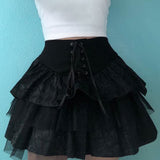 2021 Japanese Harajuku Style Black Pleated Skirts Lace Up Front Mesh Retro Punk Lolita Cake Mini School Girls Cute Casual Skirts