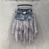 Summer Mini Tutu Tulle Skirt Gothic Punk Women High Waist Irregular Denim Skirts Club Party Mesh Patchwork Short Jeans Jurken