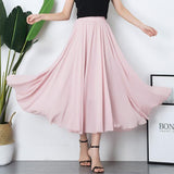 Summer Women Chiffon Vintage High Waist Blue White Long A-Line Solid Pleated Skirts