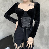 2021 Vintage Lace Black T Shirt Goth Aesthetic Long Sleeve Velvet T-shirt Women Harajuku Sexy Slim Bandage Long Sleeve Tops