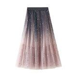 2021 Beautiful Gradient Color Long Tulle Skirts Women Korean A-line High Waist Pleated Maxi Skirt Female School Skirt Girls