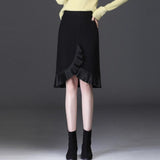 Women Retro Plaid Autumn Korean Office High Waist Vintage Knitted Trumpet Black Skirts