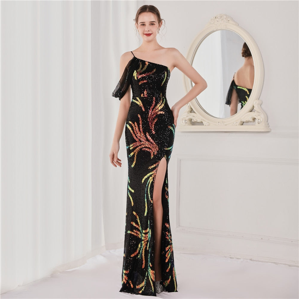 New Elegant One Shoulder Floor Length Evening Dress Sexy Hight Slit Sequin Flower Party Maxi Dress Vestidos