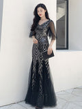 Black Evening Dress Double-V Tulle Sequins Formal Robe De Soriee Elegant Mermaid Prom Gowns Short-Sleeve Women Party Dresses