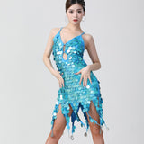 Shiny Women Latin Dance Dress Costumes Asymmetric Motel Sequin Fringe Coins Keyhole Lace-Up Back Bandage Mini Short Dress