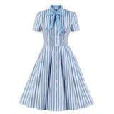 Black Striped Short Sleeve Cotton Bow Tie Button Up Robe Pin Up Swing Retro Vintage Dress