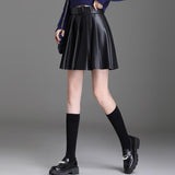 Korean Fashion Khaki Short High Waist Pleated Preppy Style Faux Leather Mini Skirts