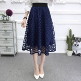 Woman Elegant Midi Skirt Office Lady Zipper A Line Hollow Out Lace Elastic High Waist Skirts