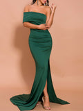 Solid Green Color Evening Dress Sexy Tail Formal Gowns Single Shoulder Satin Robe De Soriee Long Dresses not crumple Maxi Dress