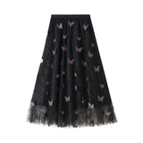 Black 3D Butterfly Lace Skirt Women High Waist Mesh Long Skrit Female Elegant Midi Tulle Skirt Sweet Cute Student School Bottoms