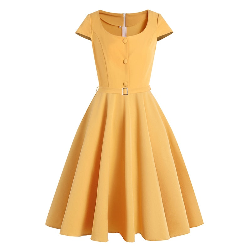 Yellow Button Up O-Neck Cap Sleeve Vintage Summer Dress